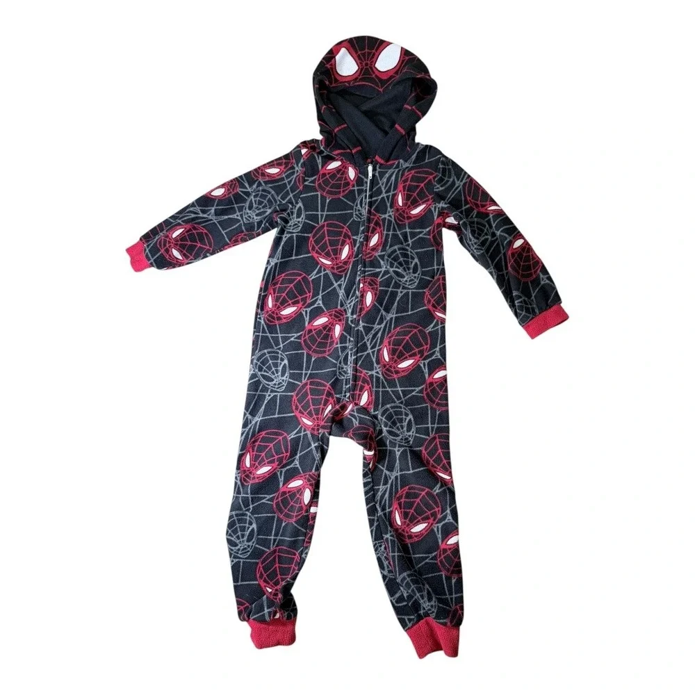 Marvel Spider-Man Pajamas Kids XS 4/5 Fleece Hooded One-Piece Union Suit Black
